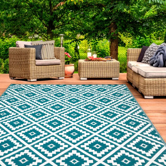 Grand tapis bleu canard pour terrasse et extérieur