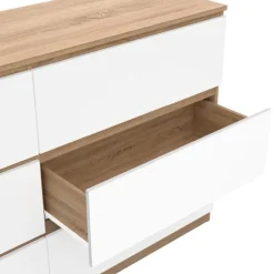 Grande commode 6 tiroirs façon hêtre et blanc