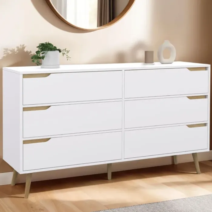 Grande commode blanche scandinave avec 6 tiroirs