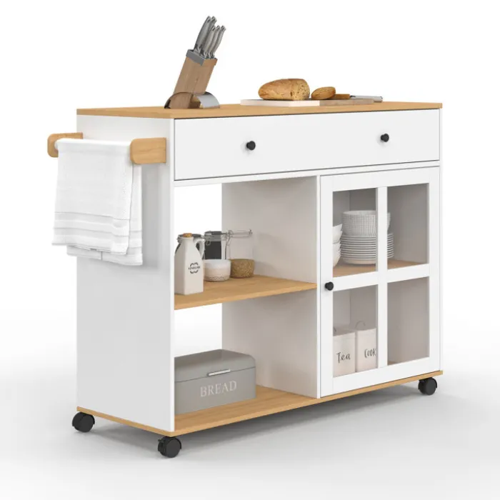Grande desserte de cuisine avec placard vitré bois et blanc
