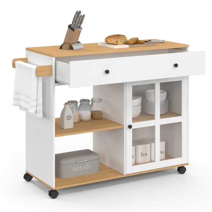 Grande desserte de cuisine avec placard vitré bois et blanc