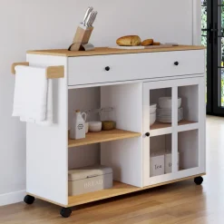 Grande desserte de cuisine avec placard vitré bois et blanc