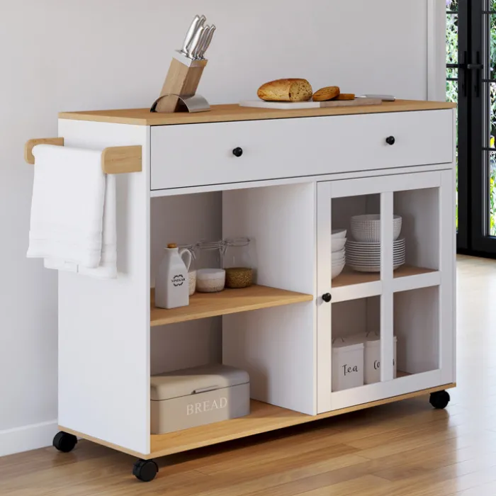 Grande desserte de cuisine avec placard vitré bois et blanc