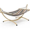 Hamac XL avec support métal effet bois et toile rayée noire, blanche et chocolat
