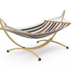 Hamac XL avec support métal effet bois et toile rayée noire, blanche et chocolat