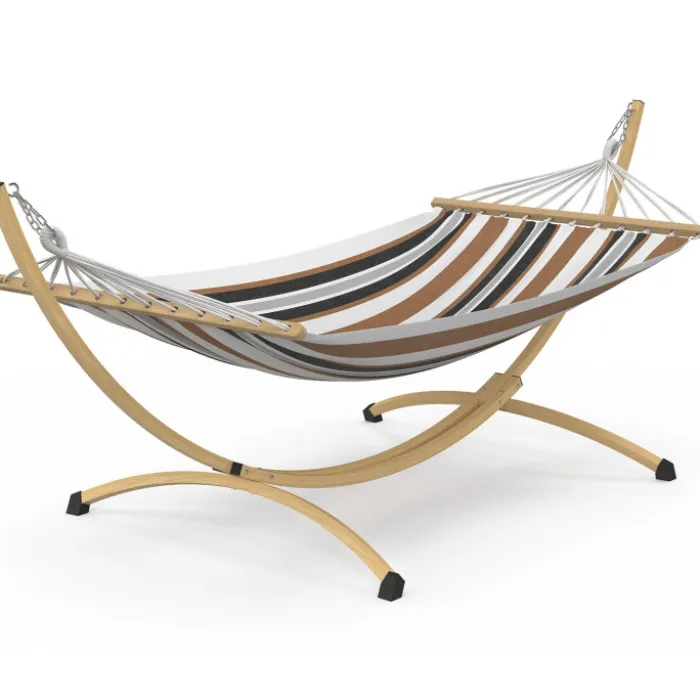 Hamac XL avec support métal effet bois et toile rayée noire, blanche et chocolat