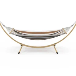 Hamac XL avec support métal effet bois et toile rayée noire, blanche et chocolat