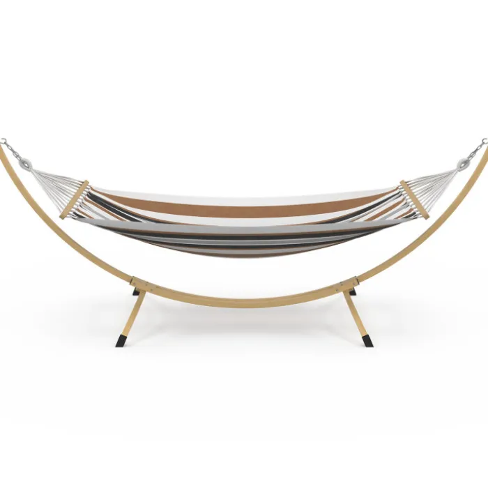 Hamac XL avec support métal effet bois et toile rayée noire, blanche et chocolat