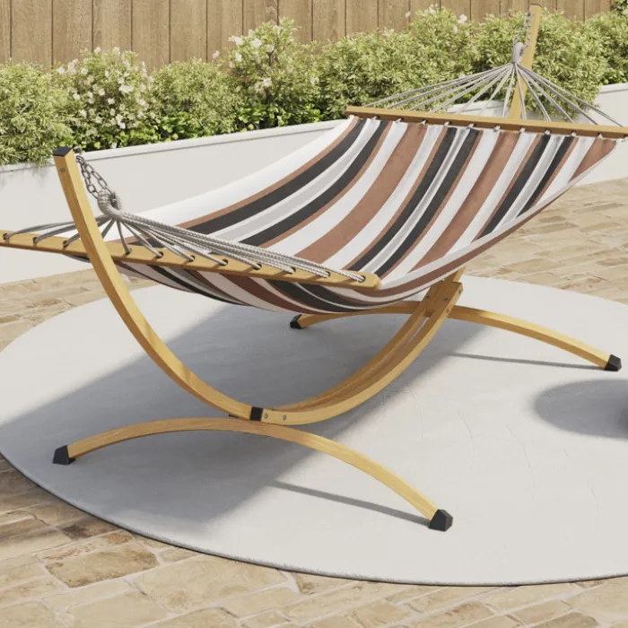 Hamac XL avec support métal effet bois et toile rayée noire, blanche et chocolat