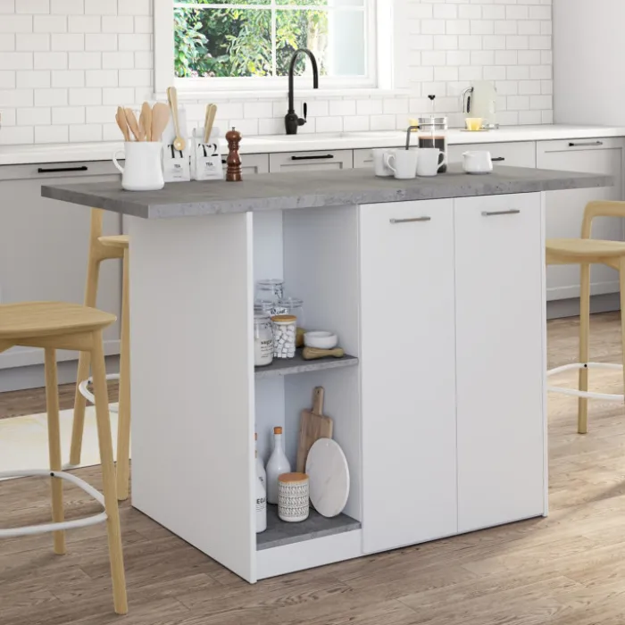 Ilot central 140 cm 4 personnes bois blanc avec plan de travail effet béton