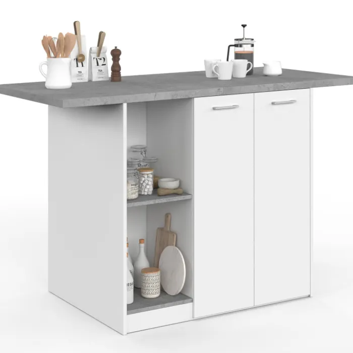 Ilot central 140 cm 4 personnes bois blanc avec plan de travail effet béton