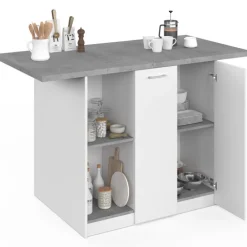 Ilot central 140 cm 4 personnes bois blanc avec plan de travail effet béton