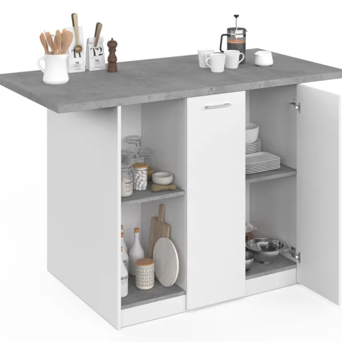 Ilot central 140 cm 4 personnes bois blanc avec plan de travail effet béton