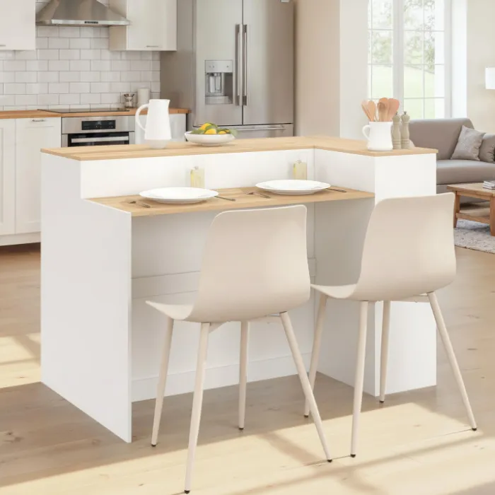 Ilot central 130 cm 2 personnes double plateau bois blanc avec plan de travail façon hêtre