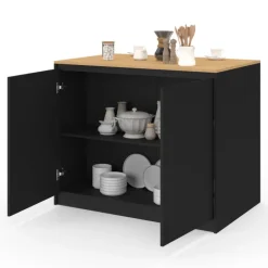 Ilot central 110 cm avec tablette relevable rectangulaire bois noir et façon hêtre