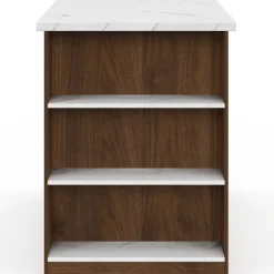 Ilot central 120 cm bois foncé effet noyer avec plan de travail effet marbre