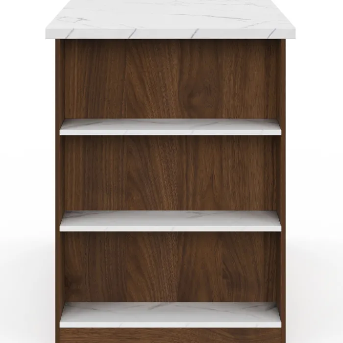 Ilot central 120 cm bois foncé effet noyer avec plan de travail effet marbre