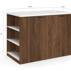 Ilot central 120 cm bois foncé effet noyer avec plan de travail effet marbre