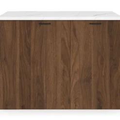 Ilot central 120 cm bois foncé effet noyer avec plan de travail effet marbre