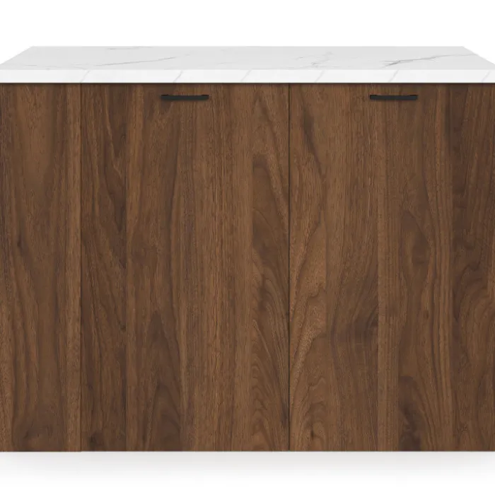 Ilot central 120 cm bois foncé effet noyer avec plan de travail effet marbre
