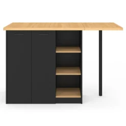 Ilot central 140 cm bois noir avec plan de travail façon hêtre