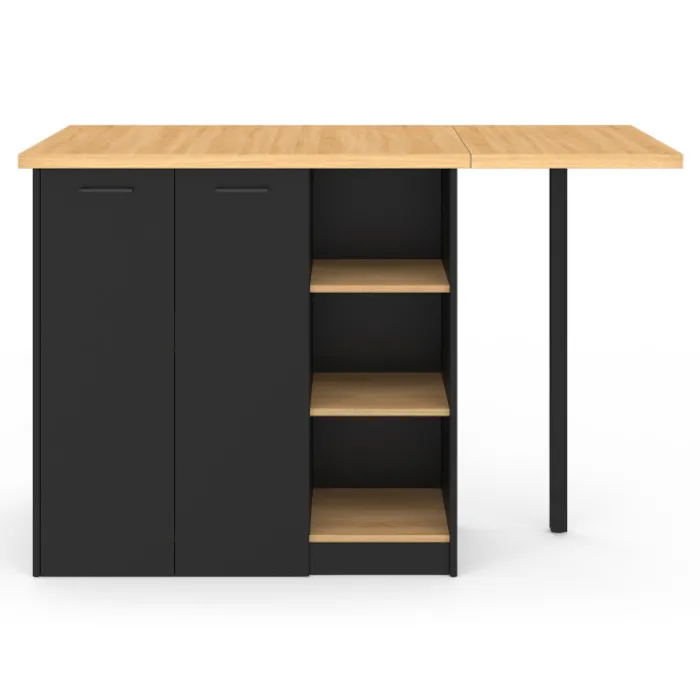Ilot central 140 cm bois noir avec plan de travail façon hêtre