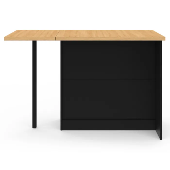 Ilot central 140 cm bois noir avec plan de travail façon hêtre