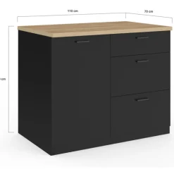 Ilot central 110 cm casserolier 3 tiroirs bois noir avec plan de travail façon hêtre