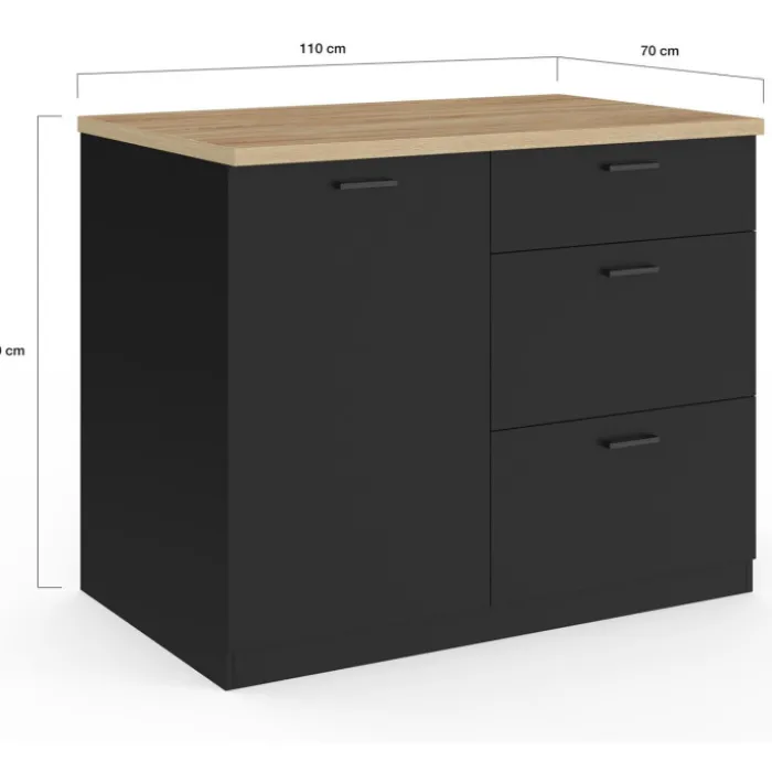 Ilot central 110 cm casserolier 3 tiroirs bois noir avec plan de travail façon hêtre