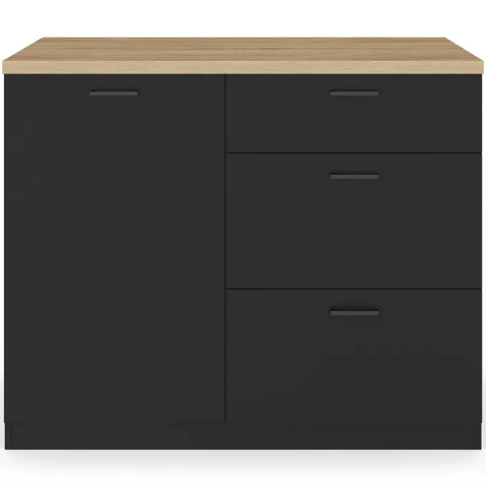 Ilot central 110 cm casserolier 3 tiroirs bois noir avec plan de travail façon hêtre
