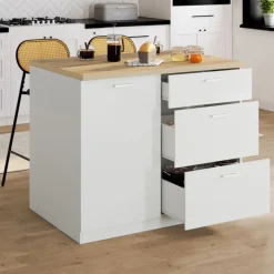 Ilot central 110 cm casserolier 3 tiroirs bois blanc avec plan de travail façon hêtre