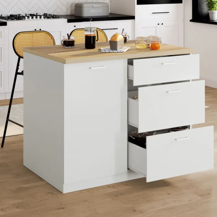 Ilot central 110 cm casserolier 3 tiroirs bois blanc avec plan de travail façon hêtre