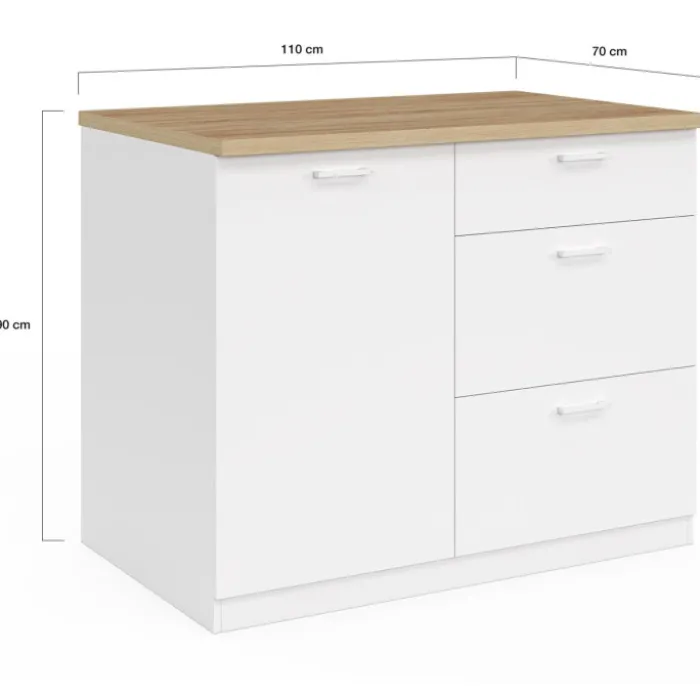 Ilot central 110 cm casserolier 3 tiroirs bois blanc avec plan de travail façon hêtre