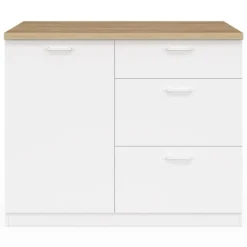 Ilot central 110 cm casserolier 3 tiroirs bois blanc avec plan de travail façon hêtre