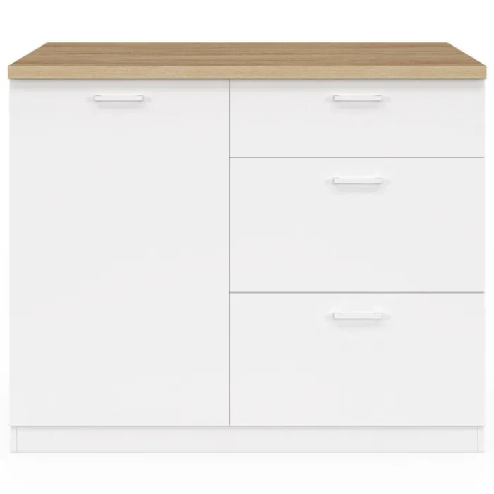 Ilot central 110 cm casserolier 3 tiroirs bois blanc avec plan de travail façon hêtre