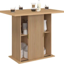 Ilot central 4 personnes 110 cm pied central avec rangement effet lattes tasseau de bois