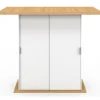 Ilot central 4 personnes 110 cm pied central avec rangement bois blanc avec plan de travail façon hêtre