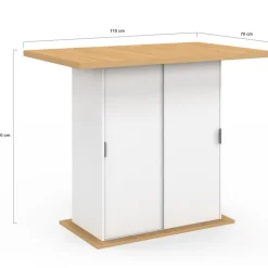Ilot central 4 personnes 110 cm pied central avec rangement bois blanc avec plan de travail façon hêtre