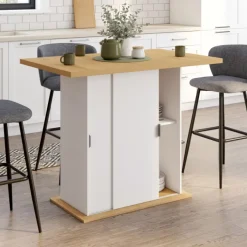Ilot central 4 personnes 110 cm pied central avec rangement bois blanc avec plan de travail façon hêtre