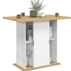 Ilot central 4 personnes 110 cm pied central avec rangement bois blanc avec plan de travail façon hêtre
