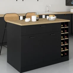 Ilot central avec range-bouteilles placard et tiroir bois noir avec plan de travail façon hêtre