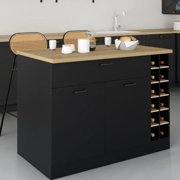 Ilot central avec range-bouteilles placard et tiroir bois noir avec plan de travail façon hêtre