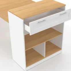 Ilot central avec table à manger 5 personnes GARY 190 cm blanc et plateau bois