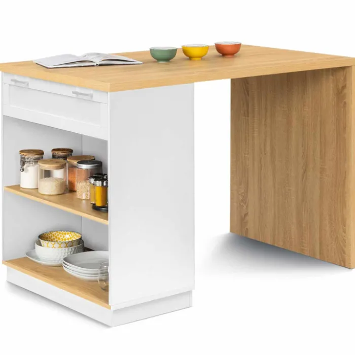 Ilot central blanc et bois 130 cm pour 4 personnes
