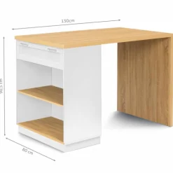 Ilot central blanc et bois 130 cm pour 4 personnes