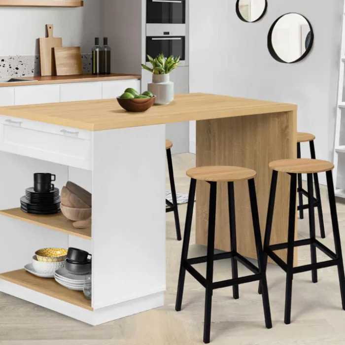 Ilot central blanc et bois 130 cm pour 4 personnes
