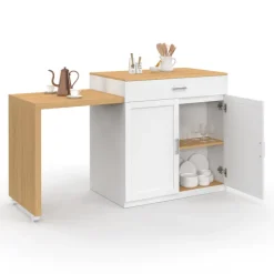 Ilot central bois blanc avec table à manger extensible