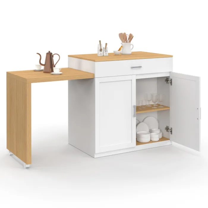 Ilot central bois blanc avec table à manger extensible