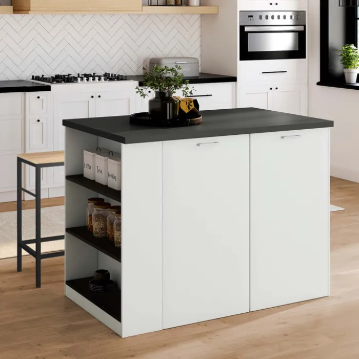 Ilot central bois blanc plan de travail gris anthracite