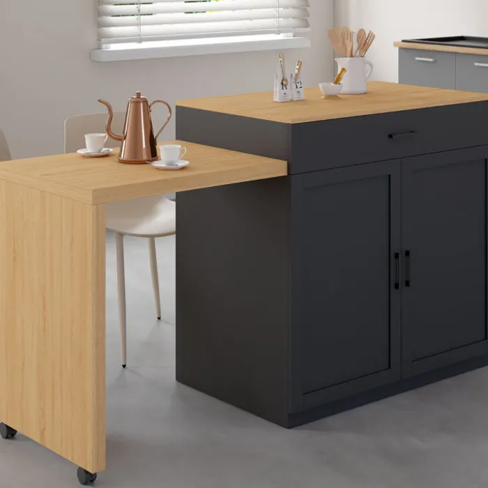 Ilot central bois et noir avec table à manger extensible